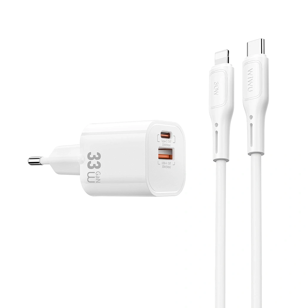 WIWU 33W GAN FAST CHARGER USB-C + QC3.0 POWER ADAPTER- WHITE