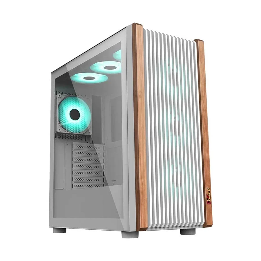 . PC Power Wood Mesh WH Mid Tower White E-ATX Gaming Desktop Case with 6 Fan